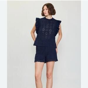 New Skies are Blue Crochet Flutter Sleeve Top Women’s XS Navy Ruffles